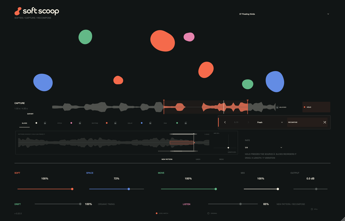 Soft Scoop processing audio, with real waveforms and SOFT at 100%.